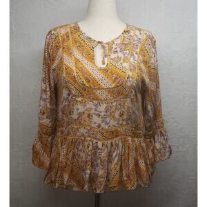 Jaase Mustard Floral Boho Peplum Top Large Cottagecore Ruffle Grandmacore